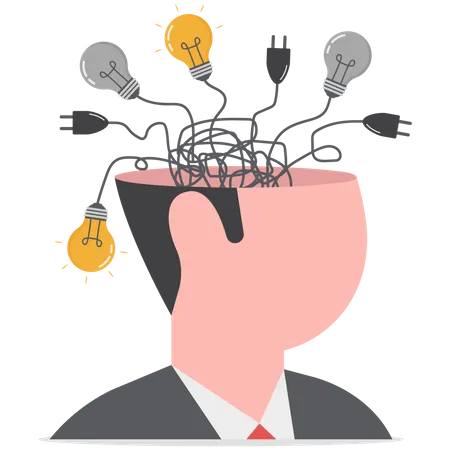 Hhuman head with messy chaos cable line of electric plug and lightbulb ideas  Illustration