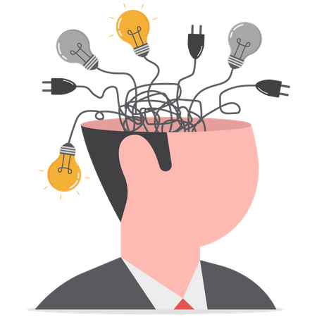 Hhuman head with messy chaos cable line of electric plug and lightbulb ideas  Illustration