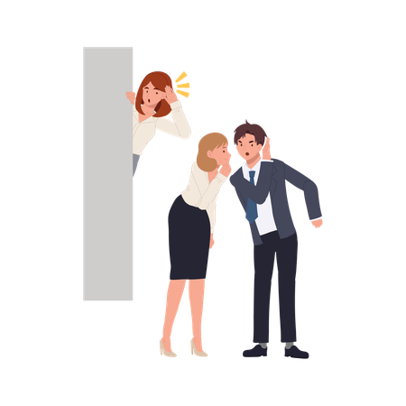 Hidden woman behind wall overhearing office coworkers  Illustration