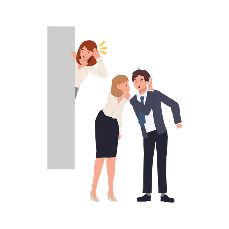 Hidden woman behind wall overhearing office coworkers  Illustration