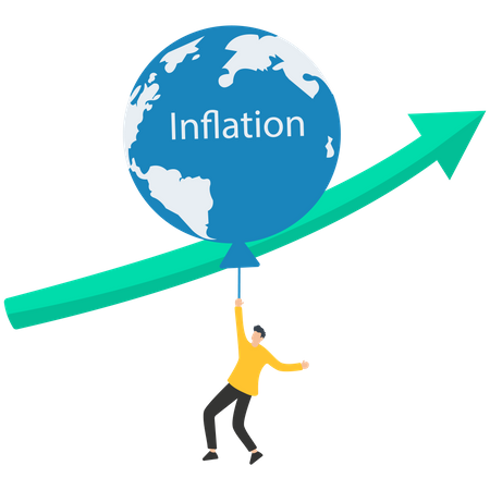 High global inflation, FED interest rate hike, floating interest, Global economic crisis, economic slow down, inflation high up, Balloon with the symbol of the world map floats higher  Illustration