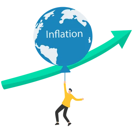 High global inflation, FED interest rate hike, floating interest, Global economic crisis, economic slow down, inflation high up, Balloon with the symbol of the world map floats higher  Illustration