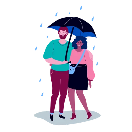 High quality scene with a boy and a girl in casual clothes standing under the umbrella on a rainy day, hugging each other  Illustration