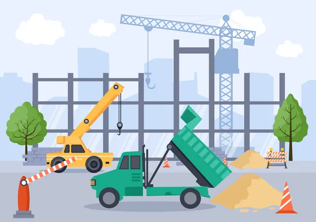 Construction Of Building Vector Illustration Architecture Makes Foundation Pours Concrete Excavator Digs Use Machine Digging Hole And Tower Cranes Real Estate Cartoon Business 일러스트레이션