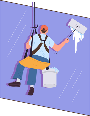 High-rise worker industrial alpinists suspended on rope cleaning skyscraper window  Illustration