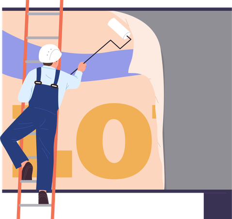 High-rise worker male sticking billboard advertisement engaged in danger work  Illustration