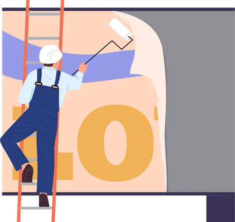 High-rise worker male sticking billboard advertisement engaged in danger work  Illustration