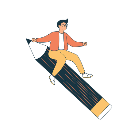 High school boy surfing on giant pencil  Illustration