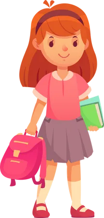 Primary School Kid Happy Cute Girl With Backpack And Books In Uniforms Illustration