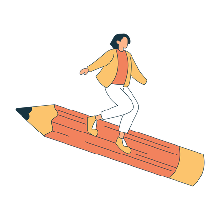 High school girl surfing on giant pencil  Illustration