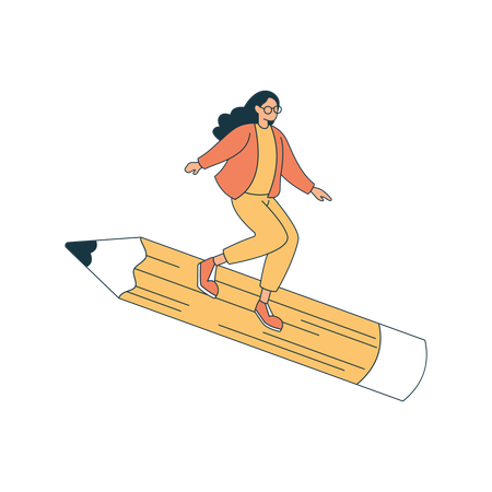 High school girl surfing on giant pencil  Illustration