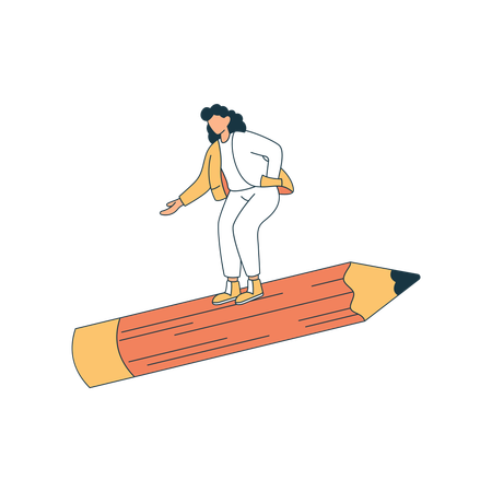 High school girl surfing on giant pencil  Illustration