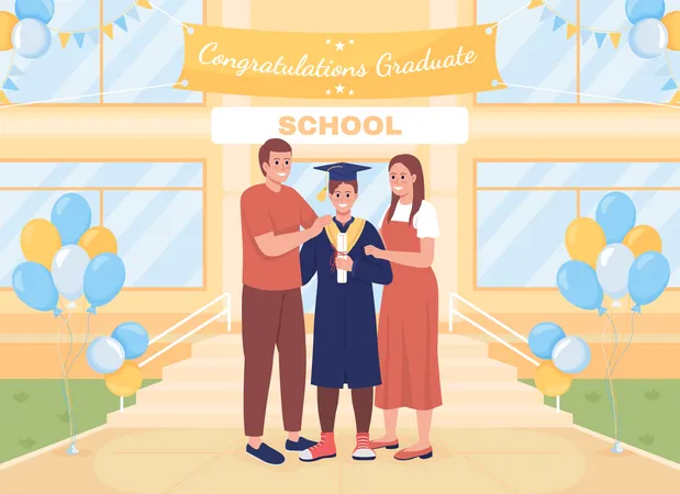 High school graduate with Parents Illustration