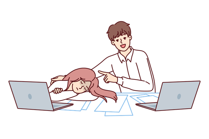High school student boy sits at table pointing at sleeping classmate in need of rest  Illustration