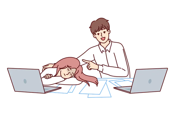 High school student boy sits at table pointing at sleeping classmate in need of rest  イラスト