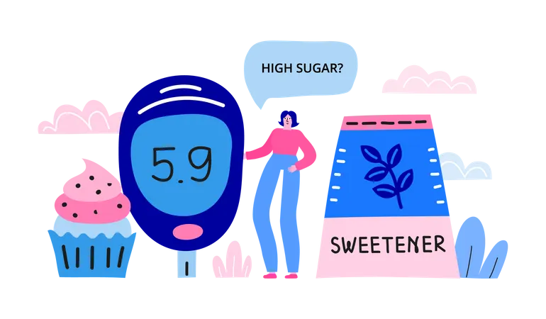 Horizontal Banner With Big Colorful Glucometer Cupcake Sweetener Woman And Speech Bubble High Sugar Landing Page Concept Modern Flat Doodle Vector Background Illustration