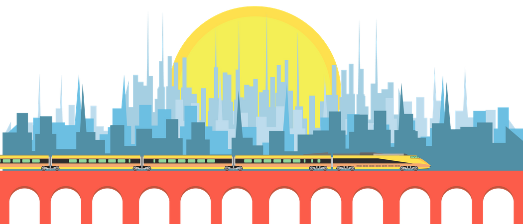 Hight speed passenger train against city  Illustration