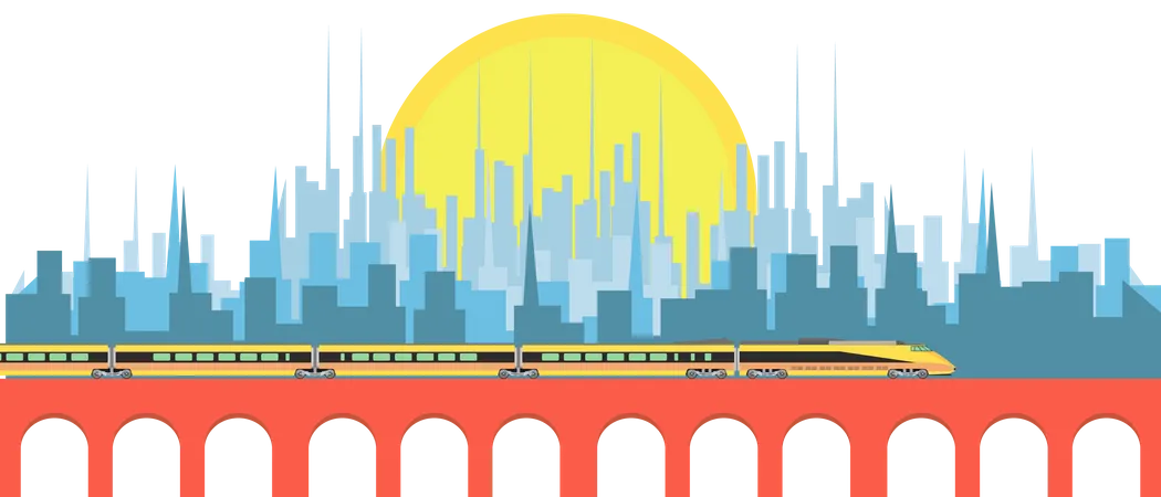 Hight Speed Passenger Train Against City Background Vector Flat Illustration Design Landscape Illustration