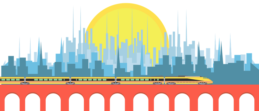 Hight speed passenger train against city  Illustration