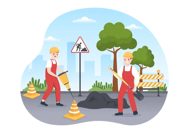 Highway Maintenance Workers Working on Asphalt Roads with Drilling Machine  Illustration