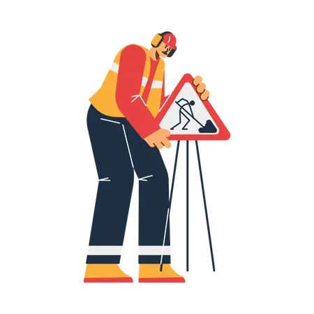 Highway worker with road sign  Illustration