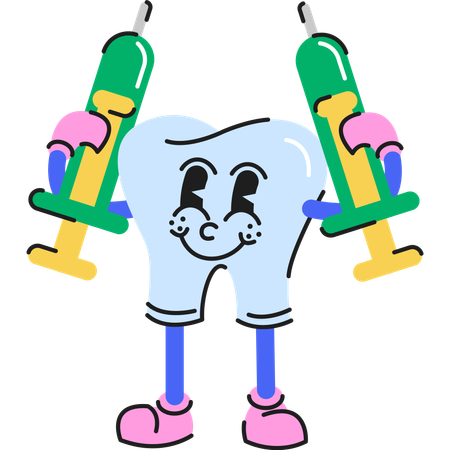 Carácter de dientes de pie con jeringa  Ilustración