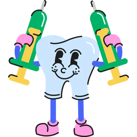 Carácter de dientes de pie con jeringa  Ilustración