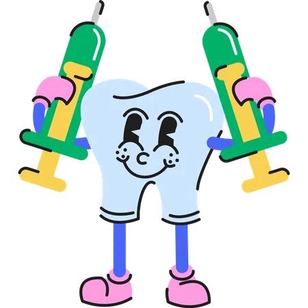 Personagem de dentes em pé com seringa  Ilustração