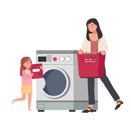 Hija ayuda a su madre a lavar ropa  Ilustración