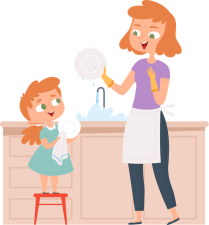 Hija ayudando a la madre a lavar los platos  Ilustración