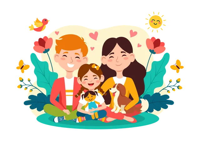 Hija con sus padres y su perro.  Illustration