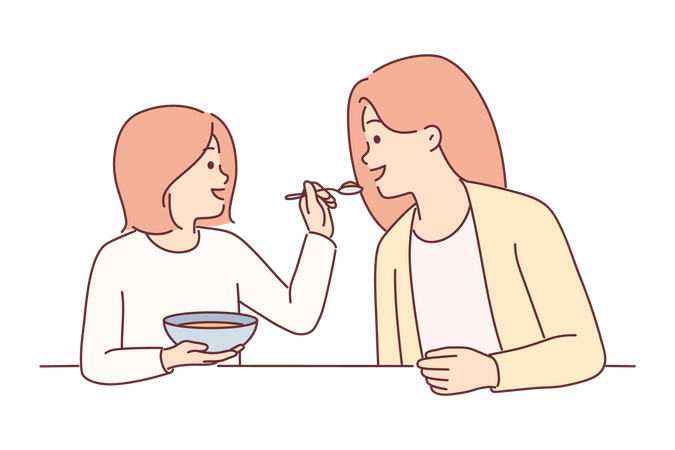 Hija dando comida a madre  Ilustración