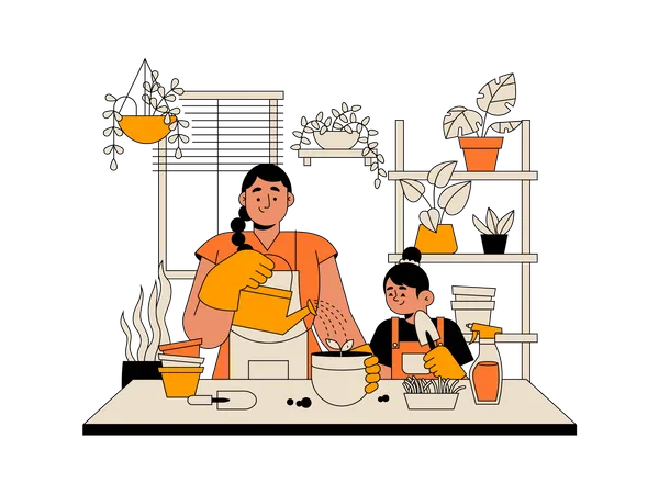 Hija haciendo agricultura de interior con su madre.  Ilustración