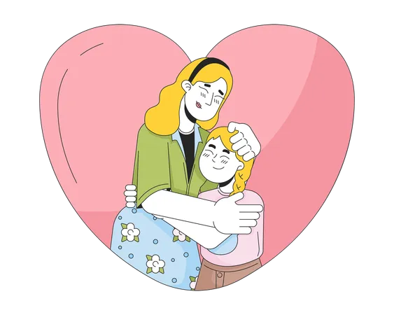 Abrazo de madre hija joven en forma de corazón  Ilustración