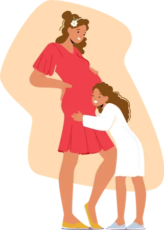 Hija joven sostiene tiernamente el vientre de su futura madre con una mirada de alegría y afecto en el rostro  Ilustración
