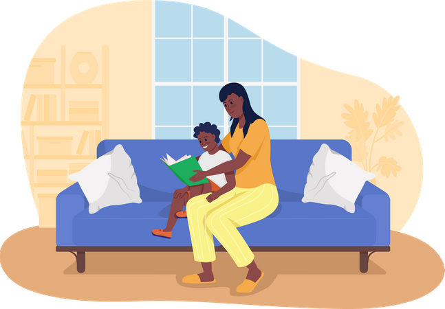 Hija sentada con madre y libro de lectura  Ilustración