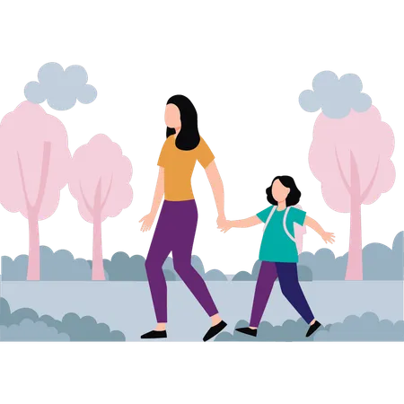 Hija y madre caminan por el parque.  Ilustración