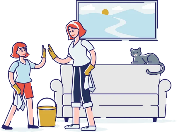Hija y madre limpiando casa juntas  Ilustración