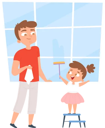 Hija y padre limpiando ventanas juntos  Ilustración