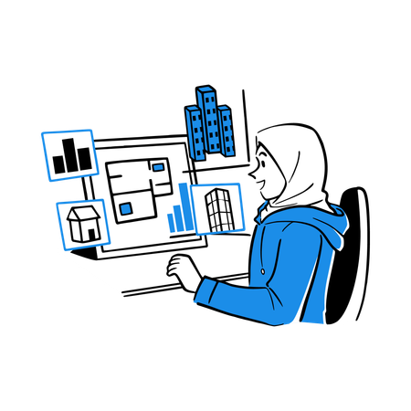 Hijab Architect designing house plan  Illustration