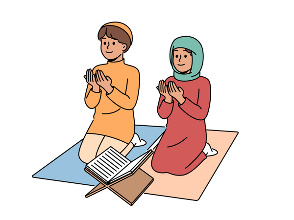 Casal Hijab está orando a Deus e lê o Alcorão  Ilustração