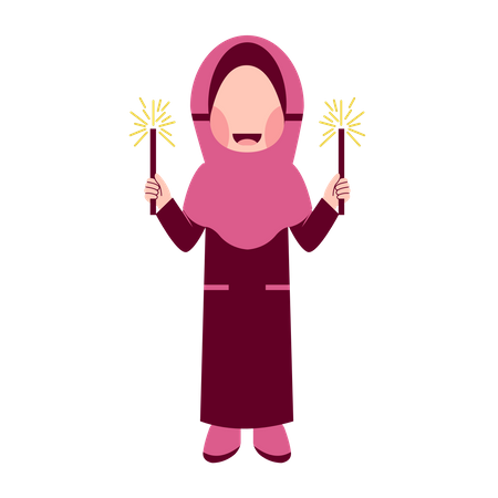 Chica hijab con fuegos artificiales  Ilustración