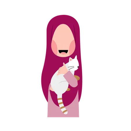 Chica hijab con gato  Ilustración