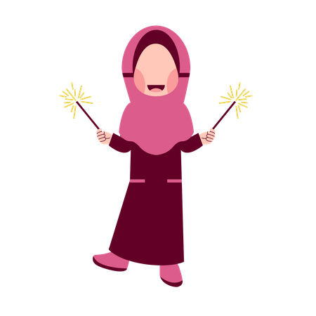 Chica Hijab Estallando Fuegos Artificiales  Ilustración
