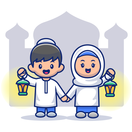 Hijab couple holding lanterns and standing together Illustration