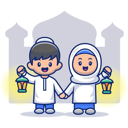 Hijab couple holding lanterns and standing together Illustration