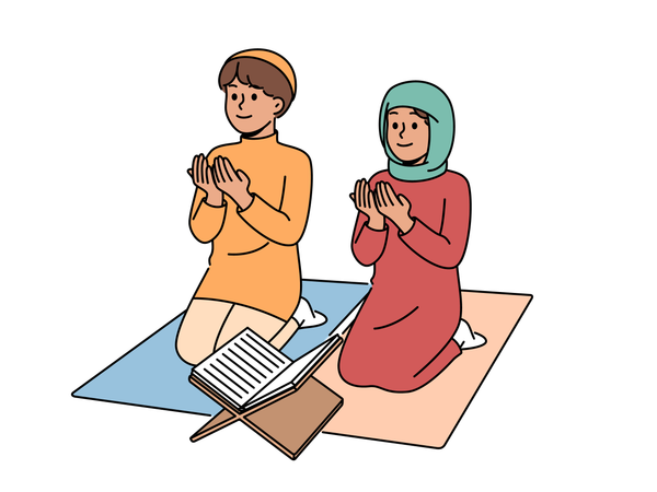 Un couple hijab prie Dieu et lit le coran  Illustration