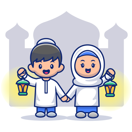 Couple hijab tenant des lanternes et debout ensemble  Illustration