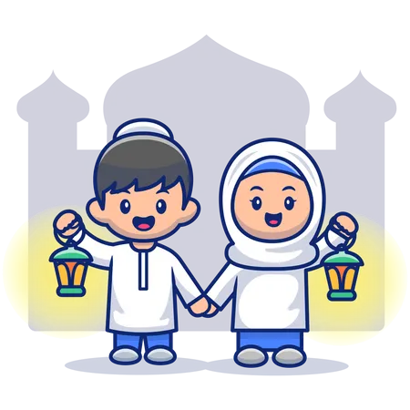 Couple hijab tenant des lanternes et debout ensemble  Illustration