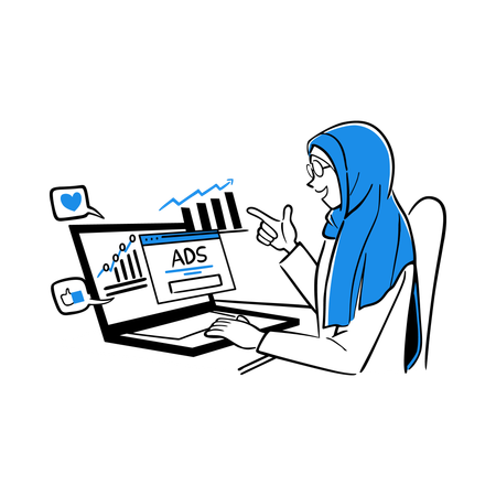 Comercializadora digital con hijab analizando la respuesta de las personas  Ilustração